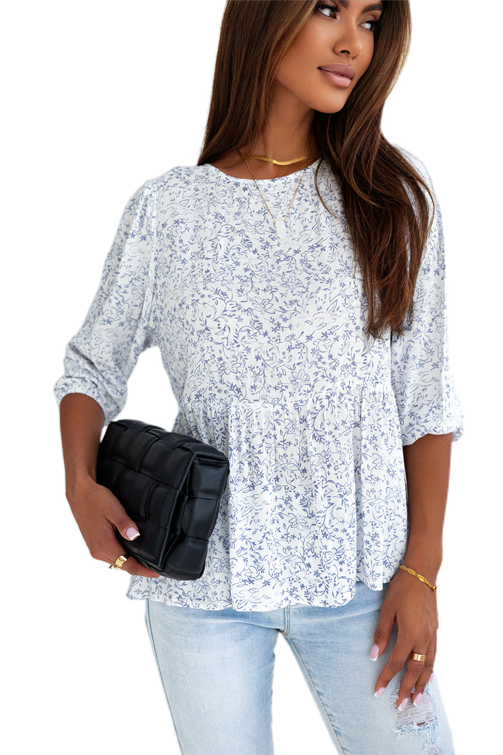 White Retro Floral Printed 3/4 Puff Sleeve Blouse