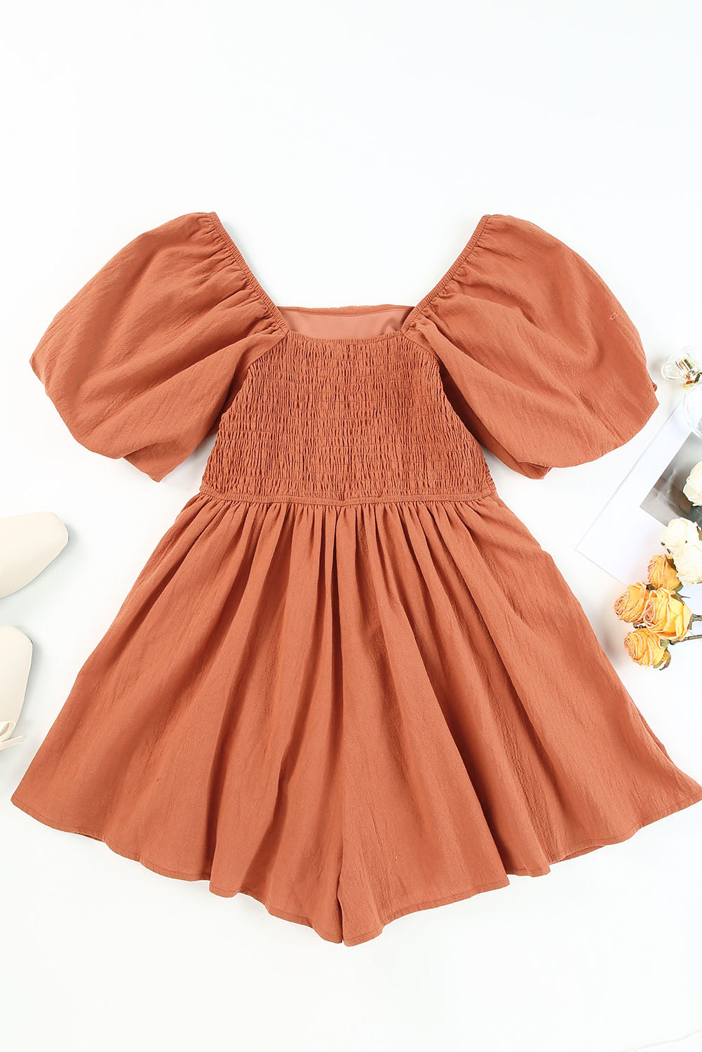 Brown Square Neck Ruched Puff Sleeve Romper