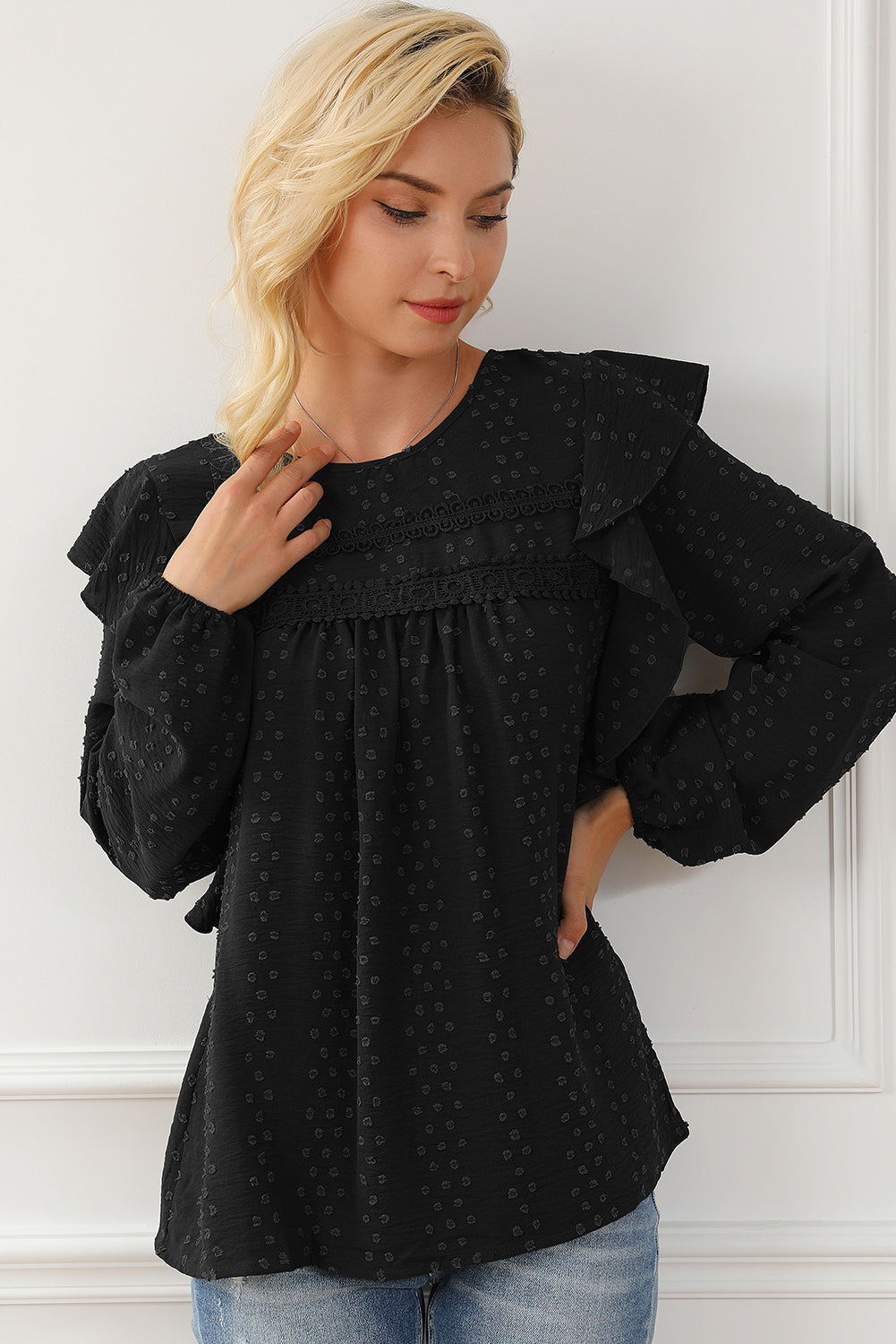 Blackish Green Lace Eyelet Ruffle Shoulder Long Sleeve Blouse