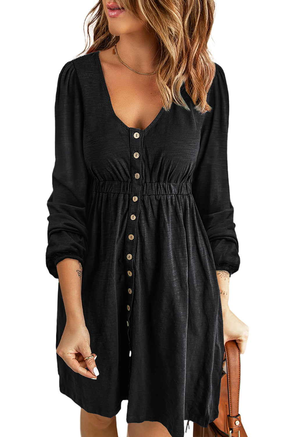 Button Up High Waist Long Sleeve Dress