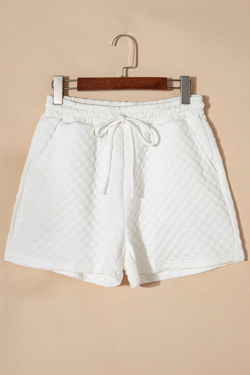 White Textured Notch V Neck Drawstring Shorts Set