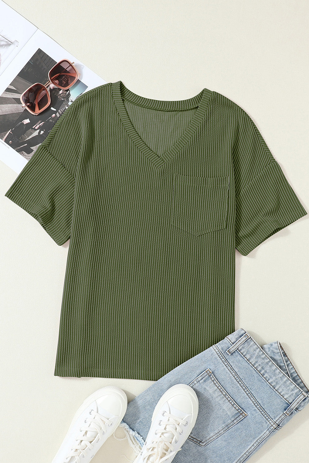 Valerian Corded V Neck Chest Pocket Loose T-shirt