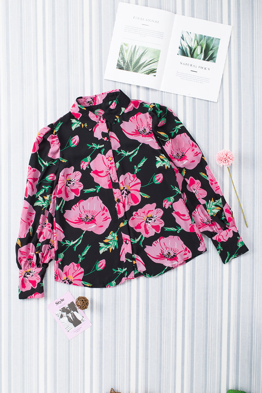 Fiery Red Floral Print Lantern Sleeve Shirt