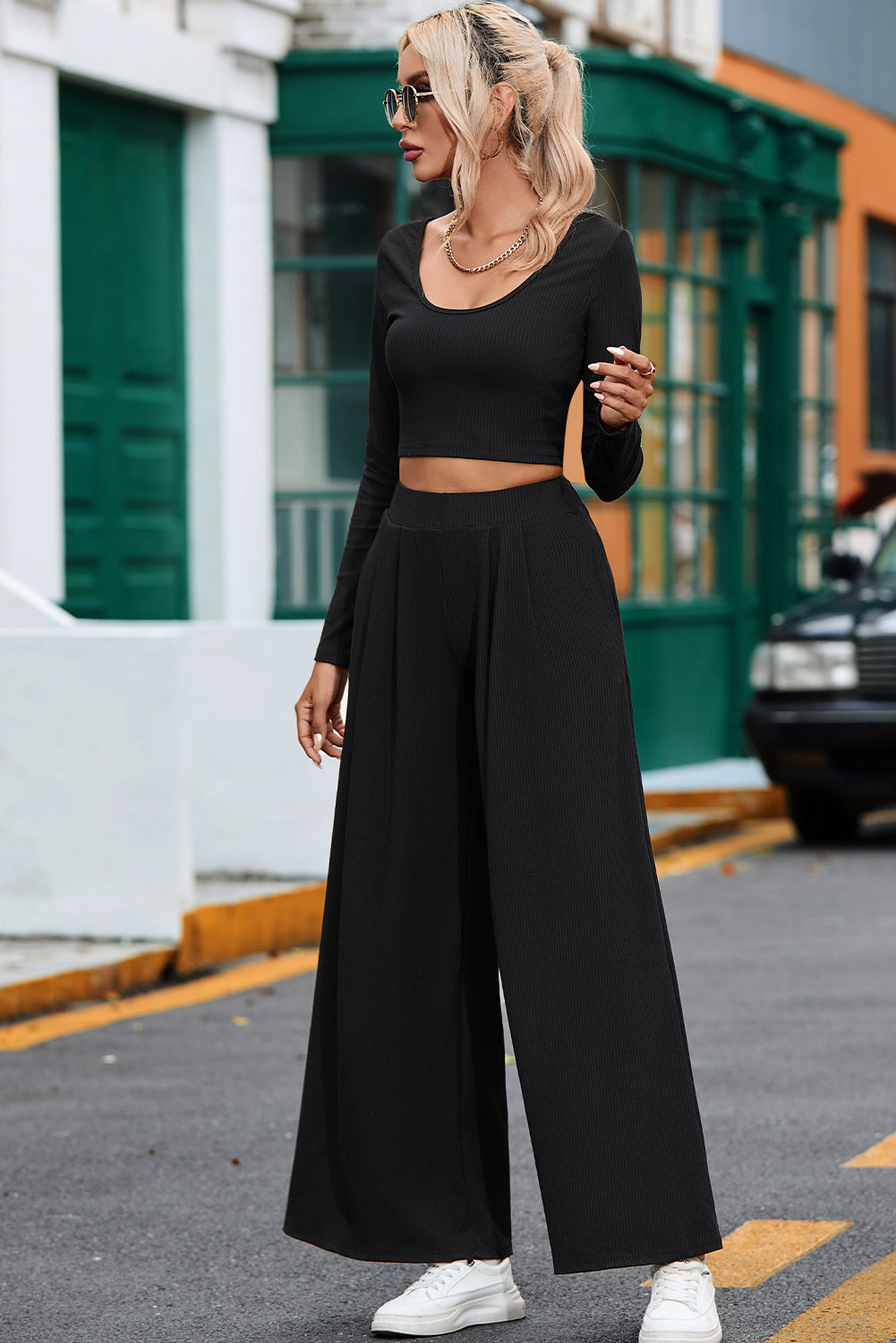 Solid Color Ribbed Crop Top Long Pants Set