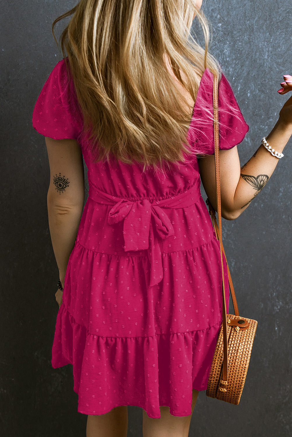 Navy Blue Swiss Dot Jacquard Puff Sleeve Crossover Tied Tiered Dress