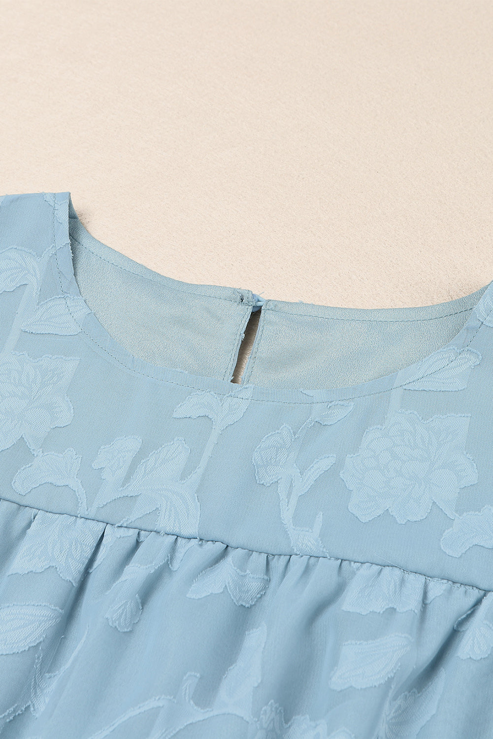 Blue Textured Ruffle Lantern Sleeve Babydoll Blouse