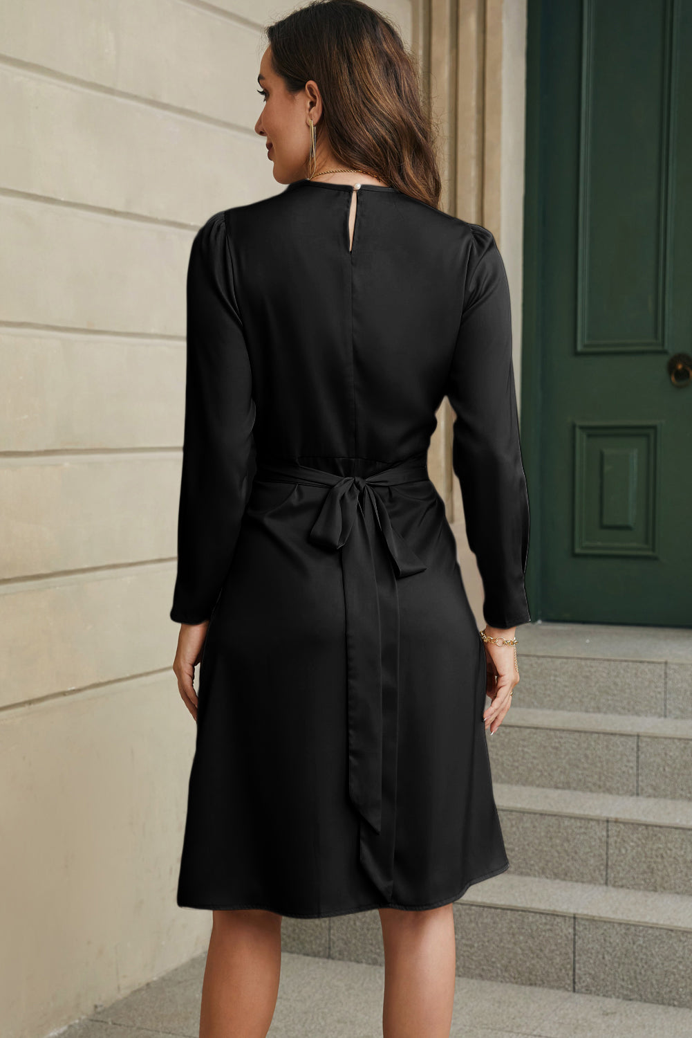 Apricot Twist Front Tie Back Long Sleeve Satin Dress