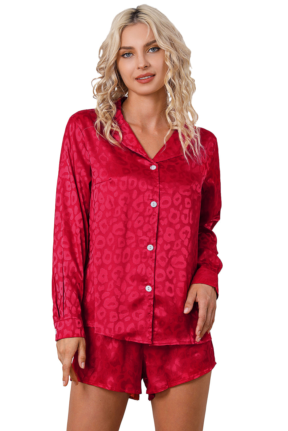 Fiery Red 2pcs Satin Leopard Long Sleeve Top and Shorts Lounge Set