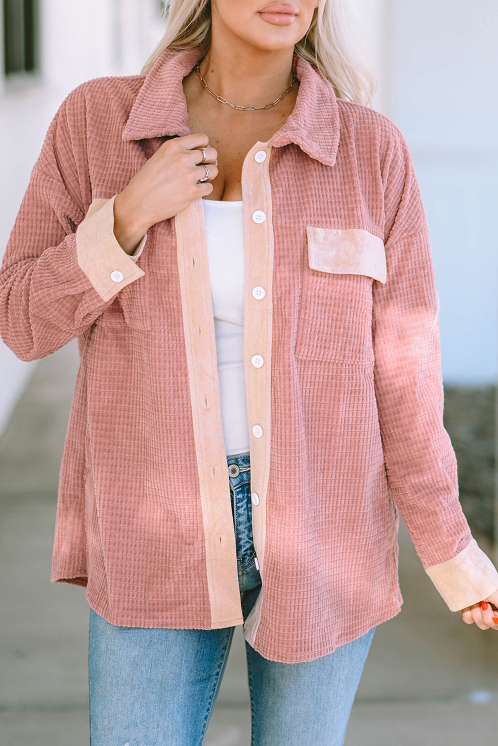 Peach Blossom Flap Pockets Drop Shoulder Textured Shacket