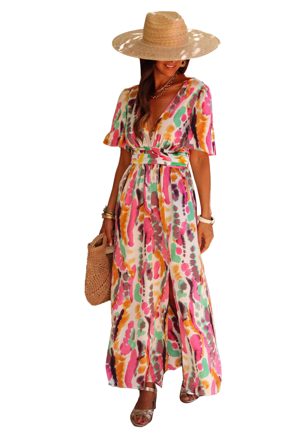 Pink Boho Tie-dye Print V Neck Maxi Dress