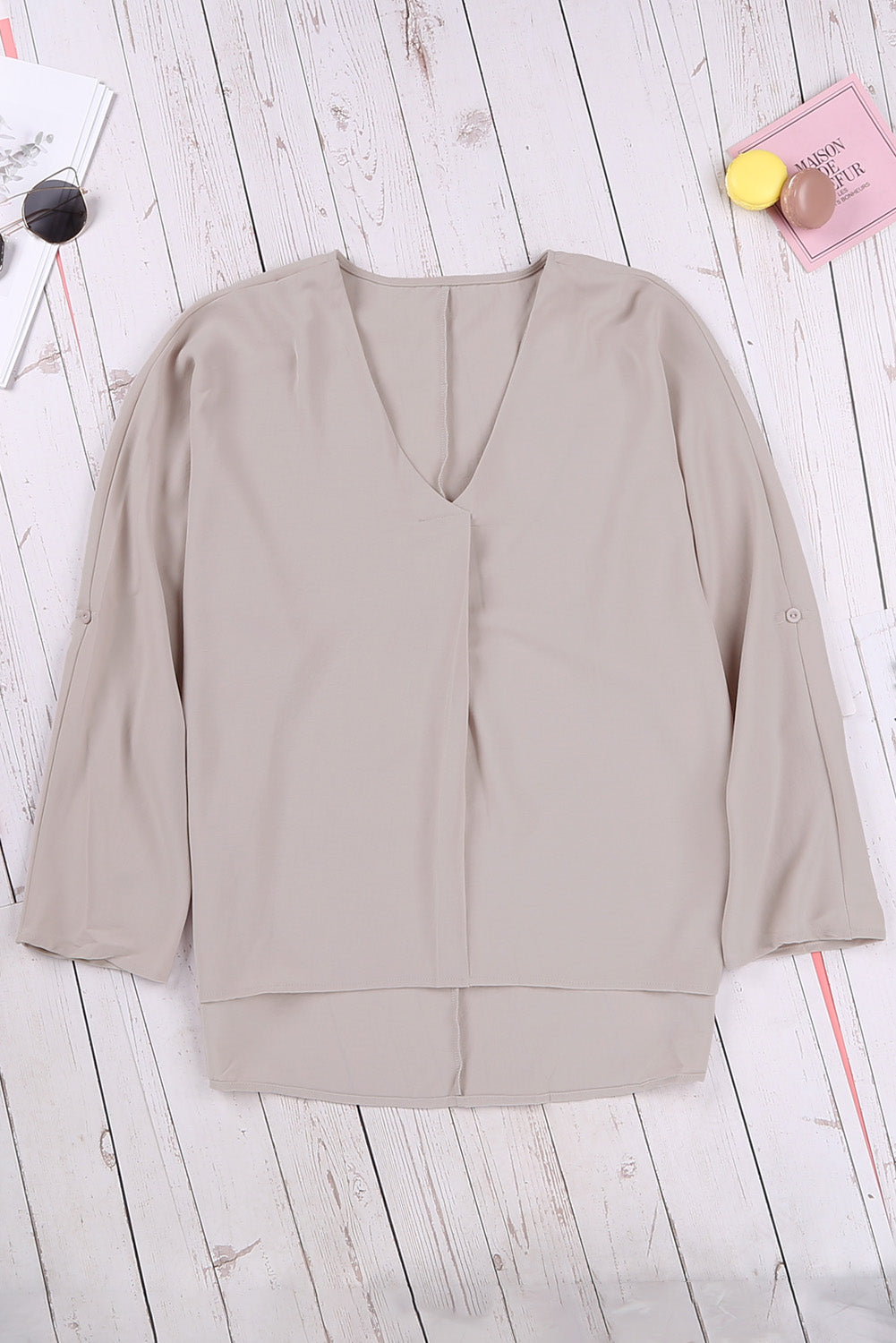 Blue V Neck 3/4 Sleeve High Low Hem Shirt