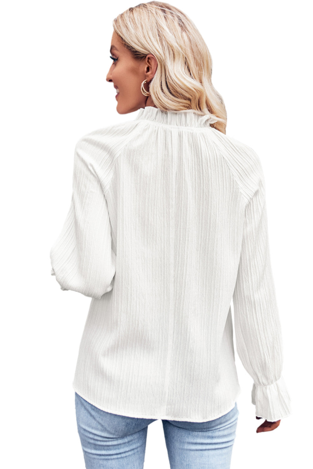 White Frilled Mock Neck Ripple Bubble Sleeve Blouse