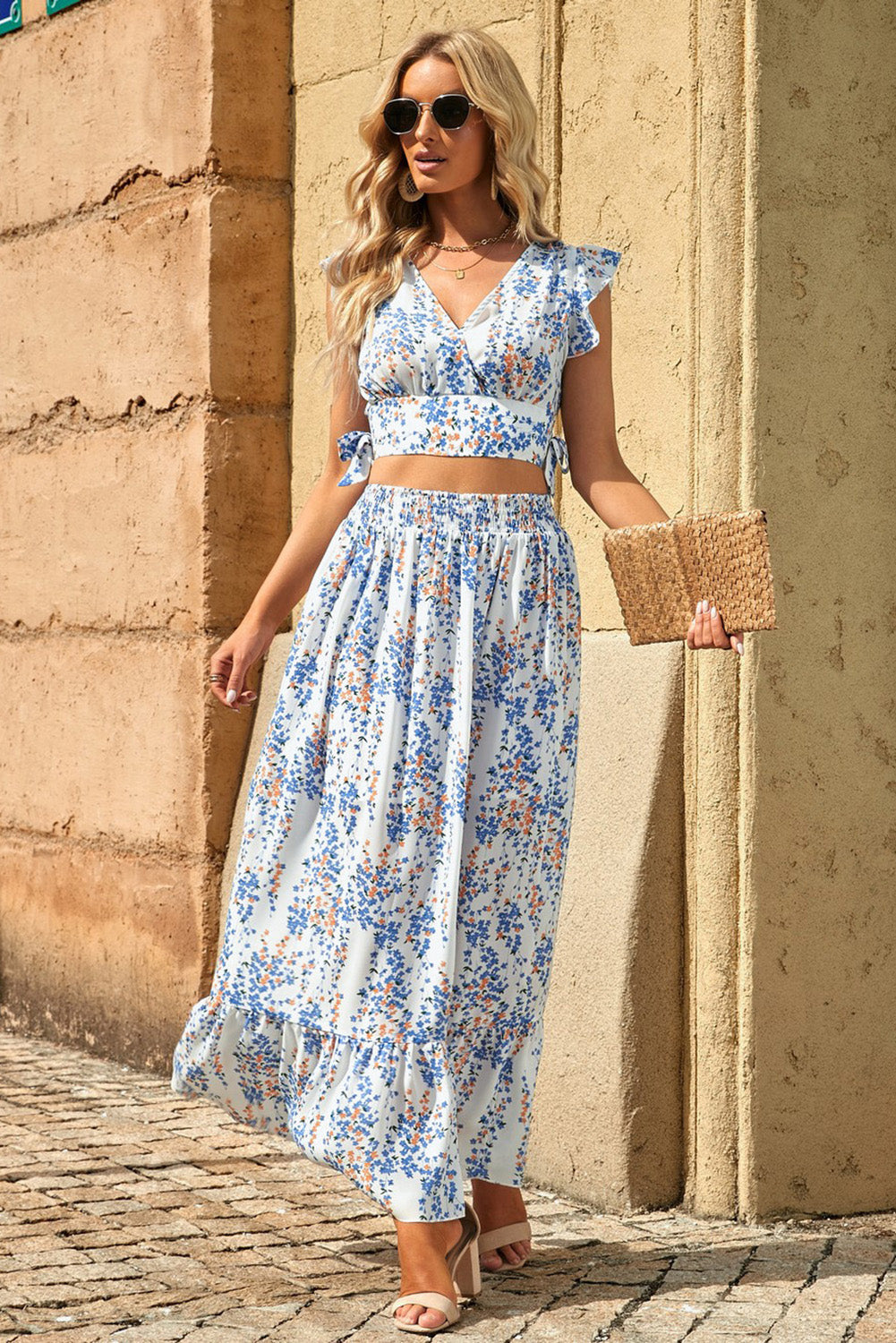 Fiery Red Multicolor Floral Ruffled Crop Top and Maxi Skirt Set