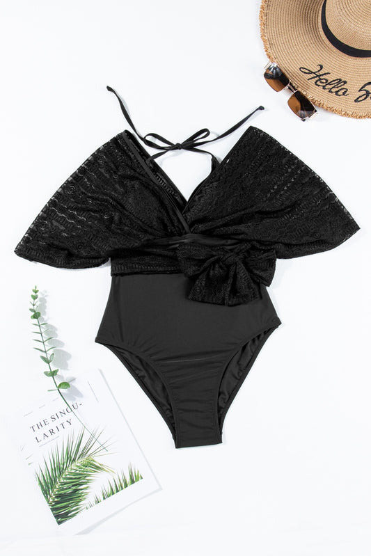 Black Lace Patchwork Short Sleeve Surplice Neck Monokini