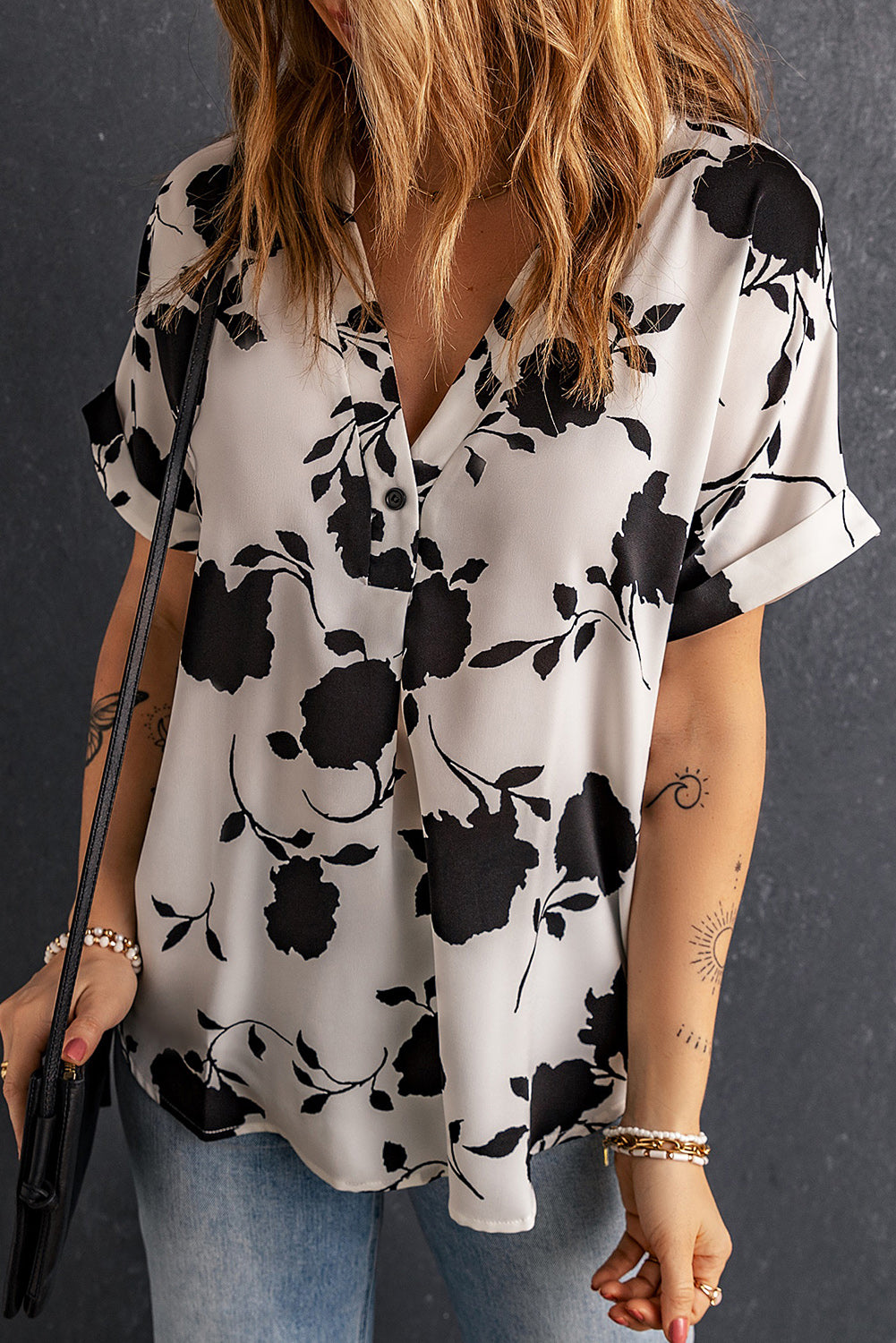 Black Floral Printed Short Sleeve Blouse