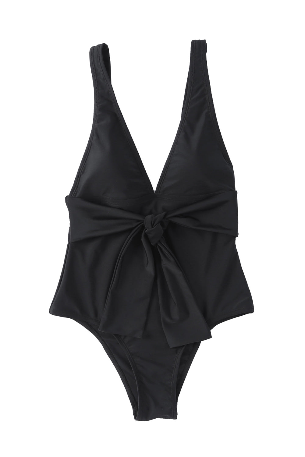 Black Deep V Neck Tie Waist One-piece Swimsuit