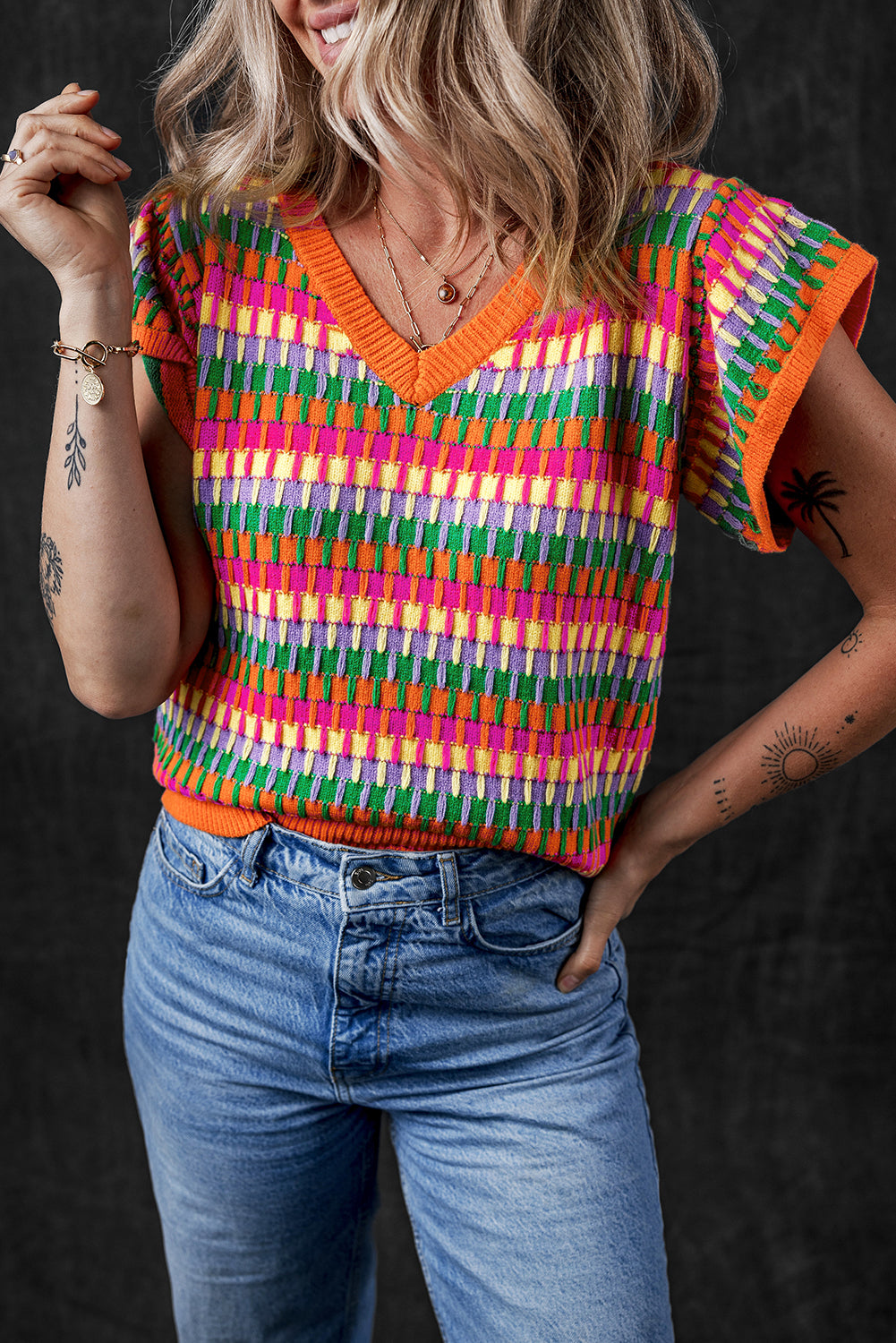 Green Multicolor Flutter Sleeve Knitted Sweater Top