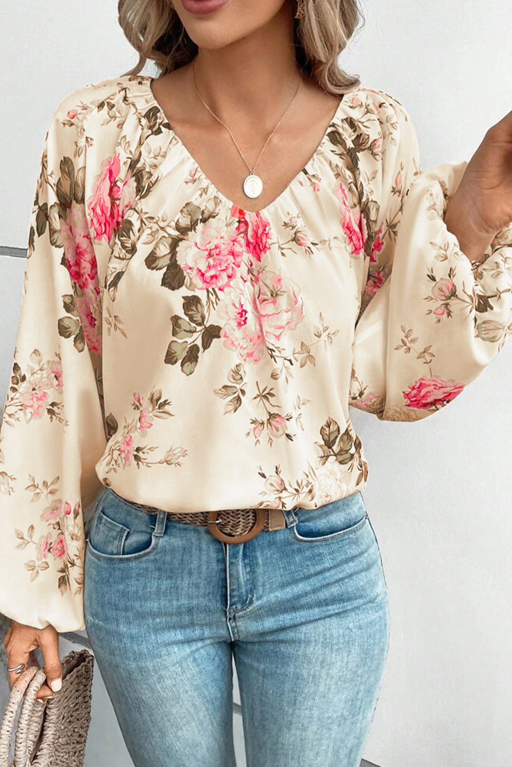 Beige Floral Print Lantern Sleeve V-Neck Blouse