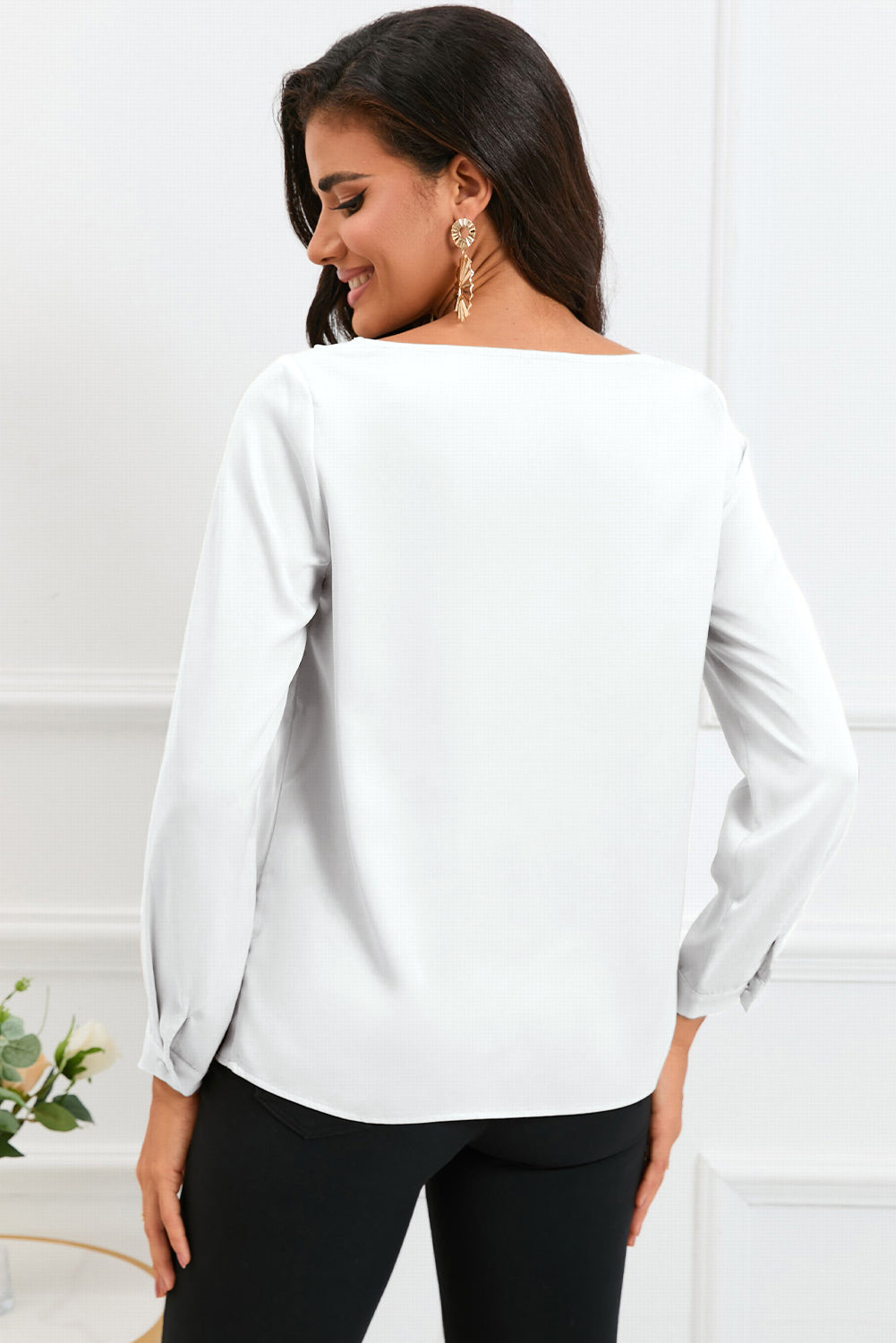 White Solid Asymmetric V Neck Long Sleeve Satin Blouse