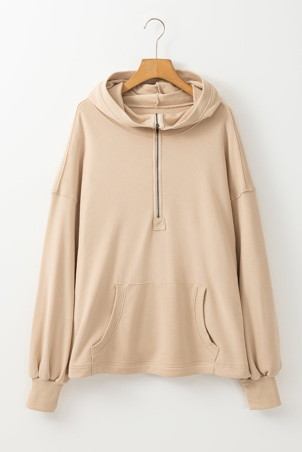 Smoke Green Solid Kangaroo Pocket Half Zipper Oversized Hoodie