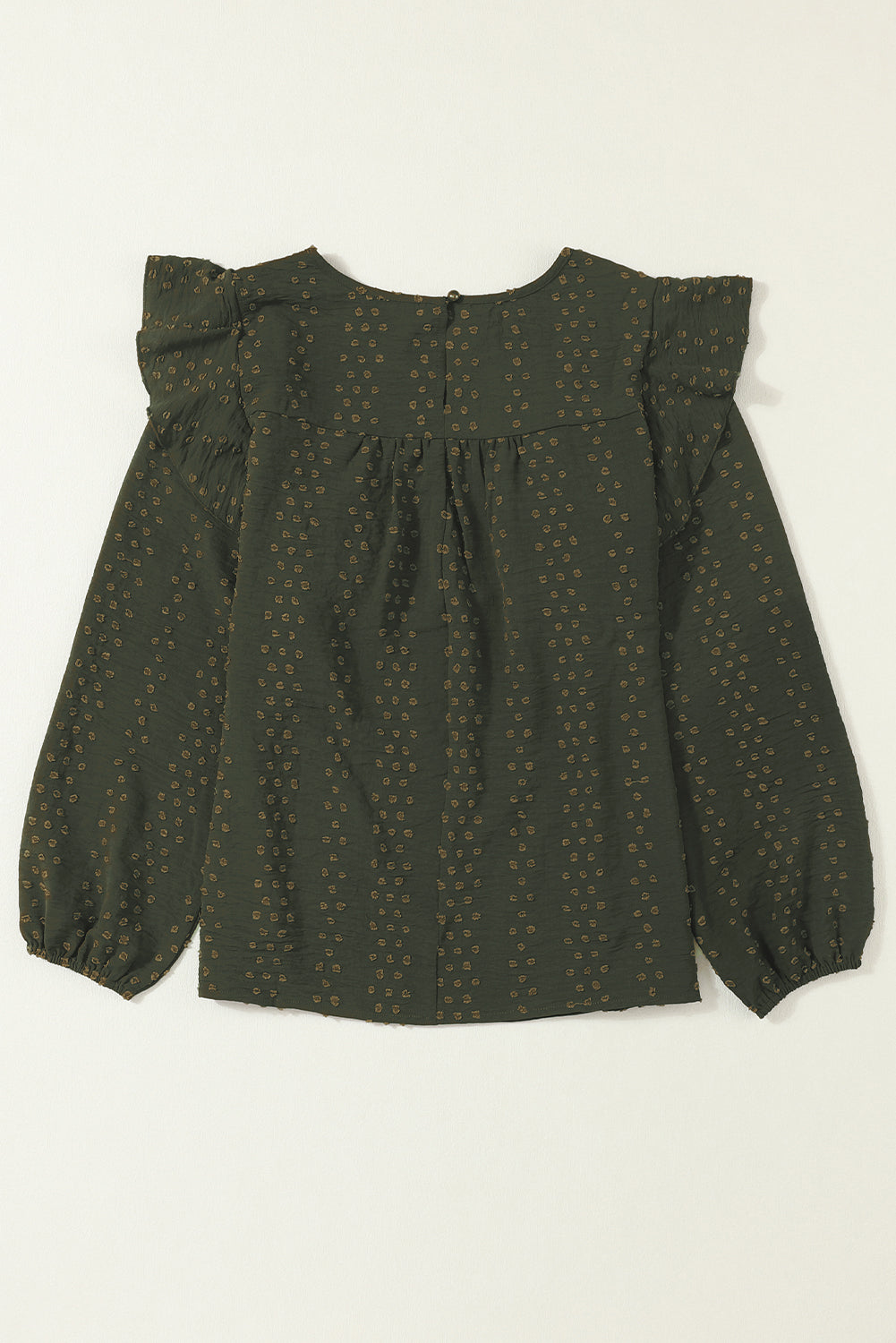 Blackish Green Lace Eyelet Ruffle Shoulder Long Sleeve Blouse