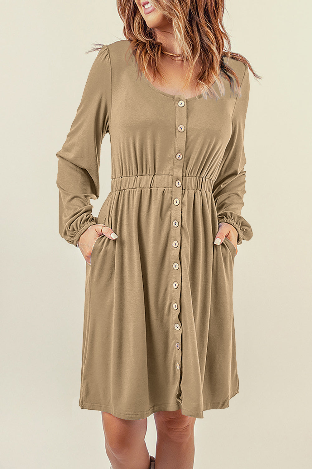 Button Up High Waist Long Sleeve Dress