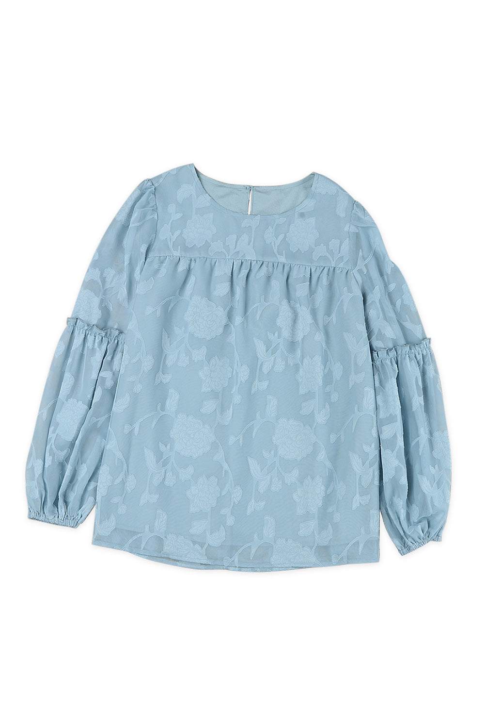 Blue Textured Ruffle Lantern Sleeve Babydoll Blouse