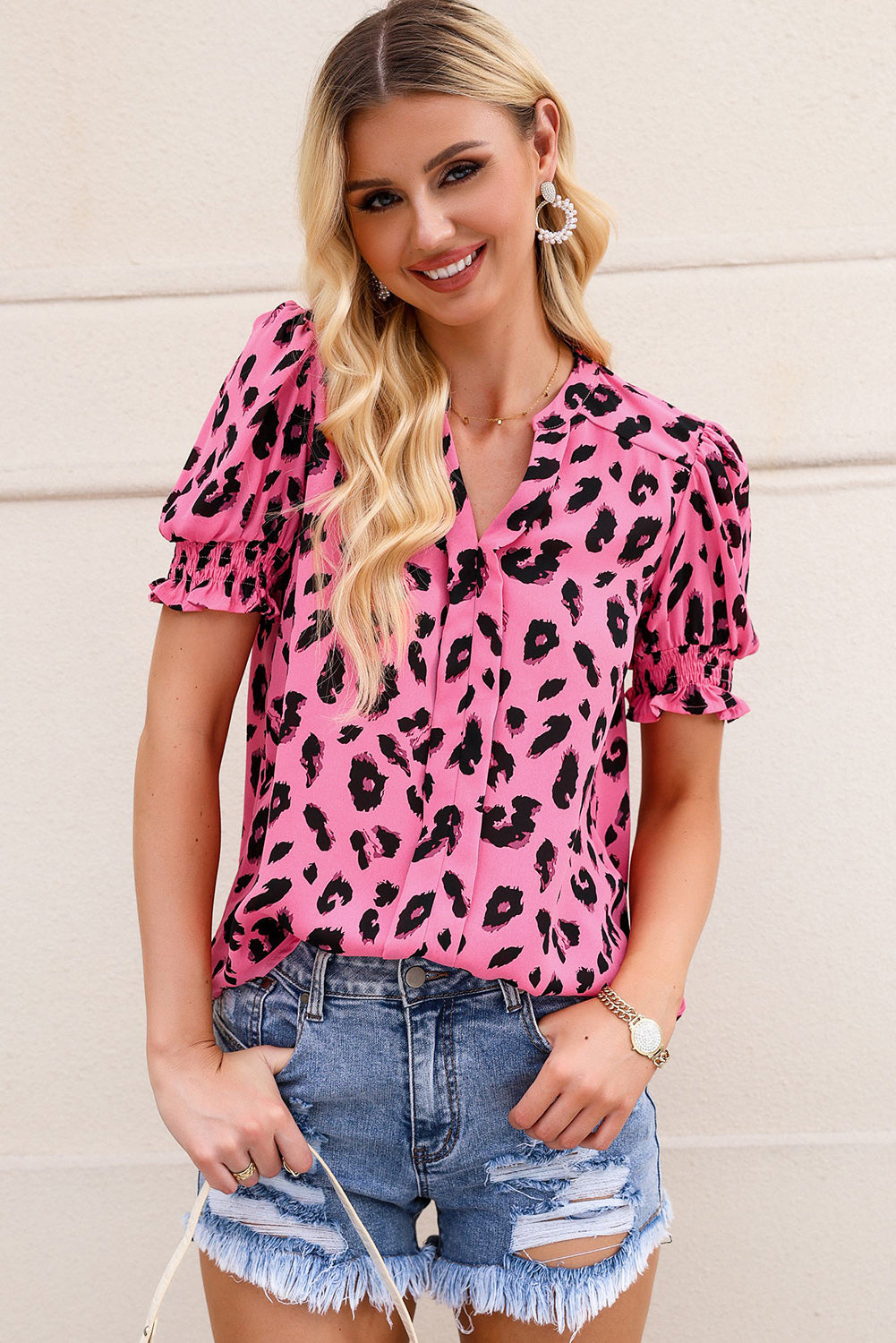 White Leopard Notch Neck Bubble Sleeve Blouse