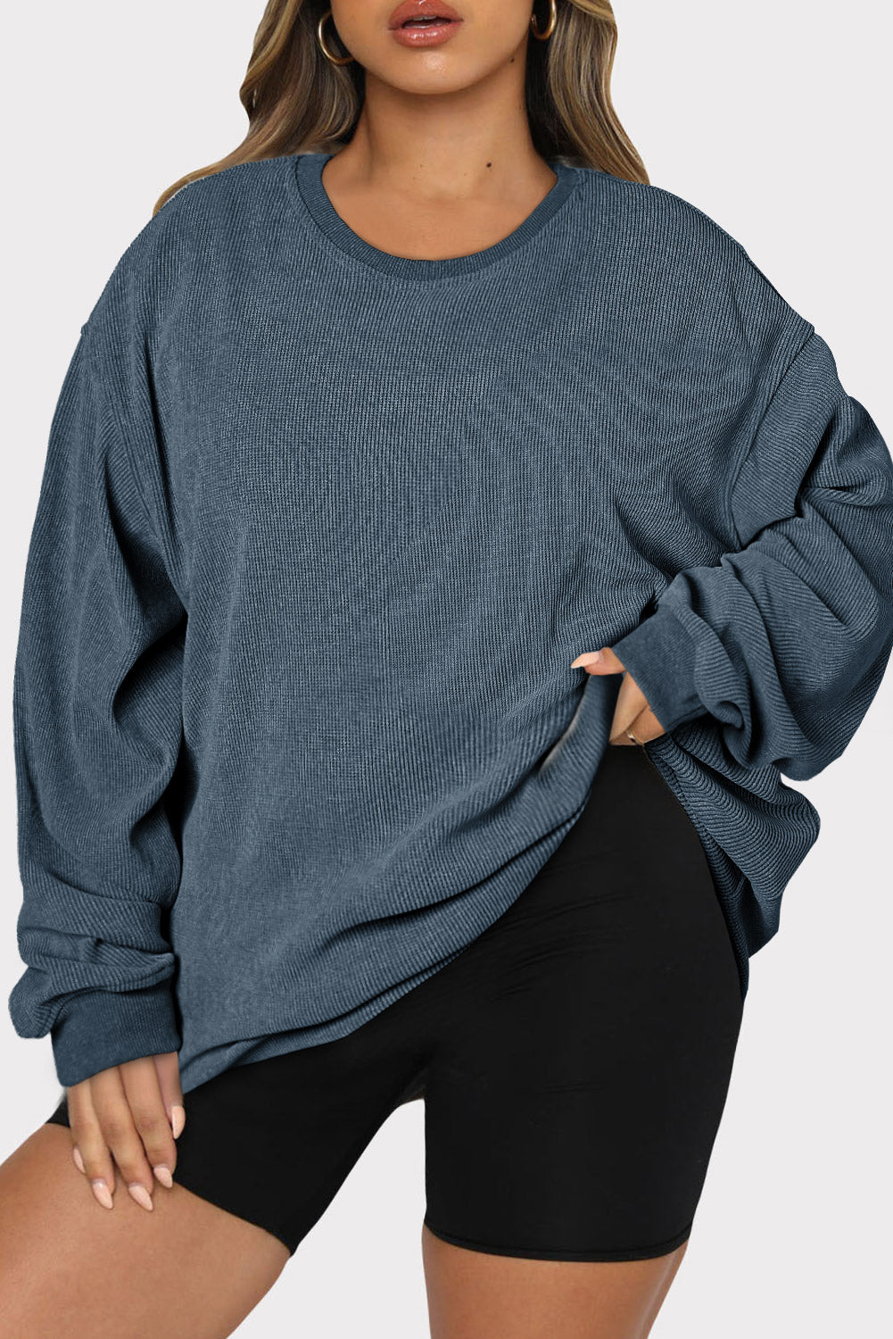 Black Plus Size Corded Round Neck Sweatshirt