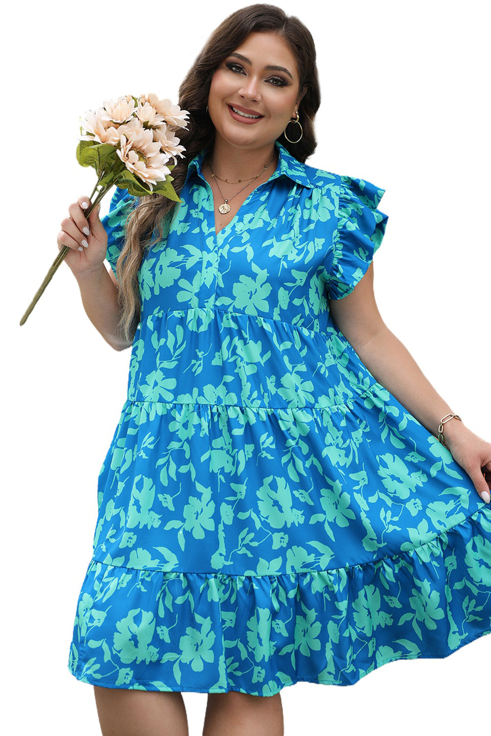 Sky Blue Plus Size Floral Print Flutter Sleeve Buttoned Mini Dress