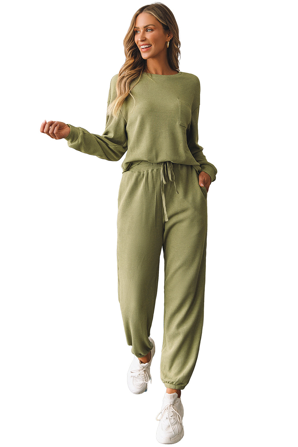 Laurel Green Waffle Knit Long Sleeve Top Drawstring Joggers Set