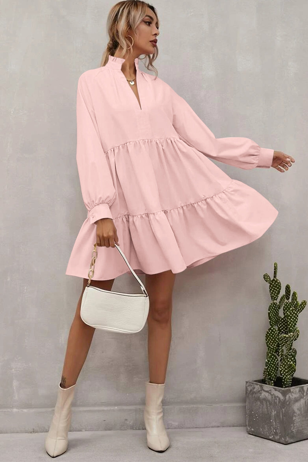 Pink Frilled Stand Collar Long Sleeve Ruffle Dress