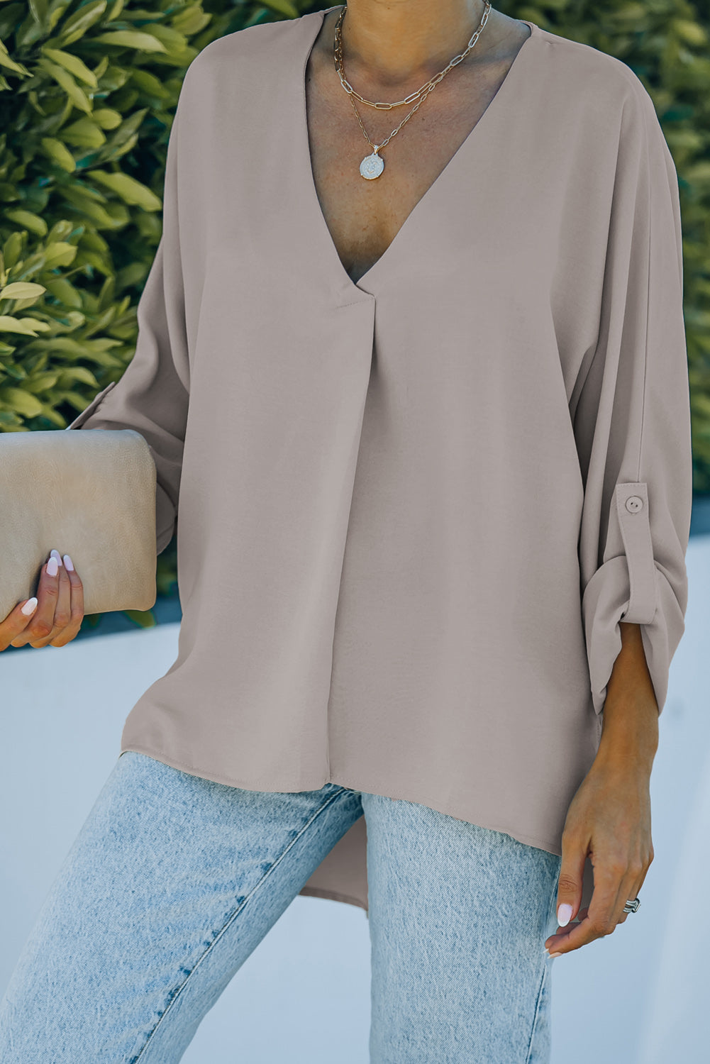 Blue V Neck 3/4 Sleeve High Low Hem Shirt