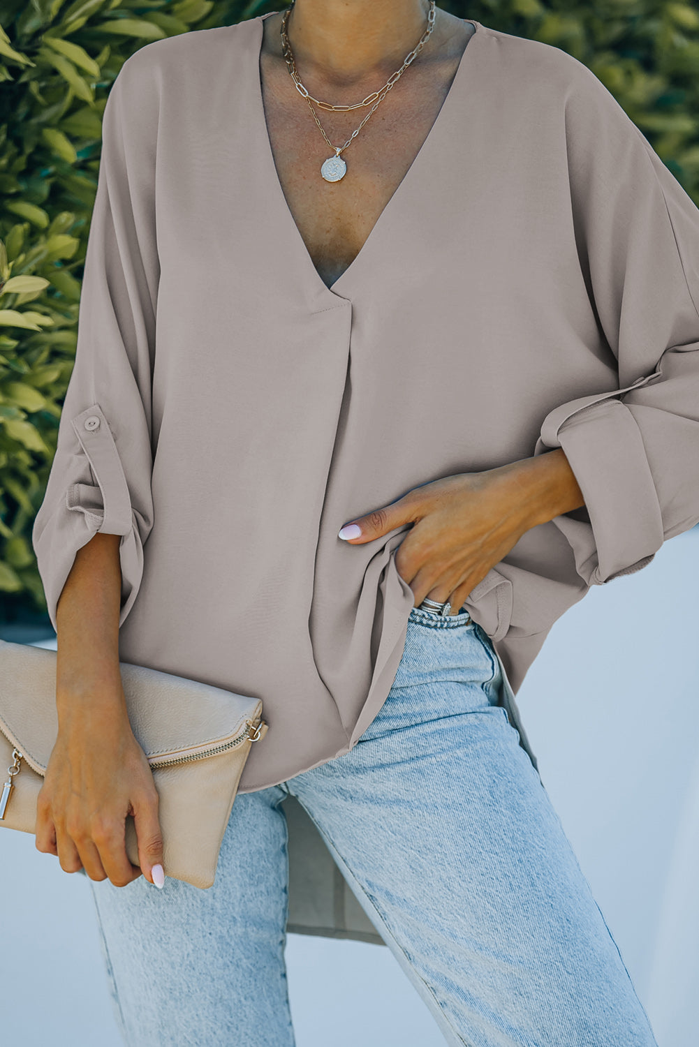 Blue V Neck 3/4 Sleeve High Low Hem Shirt