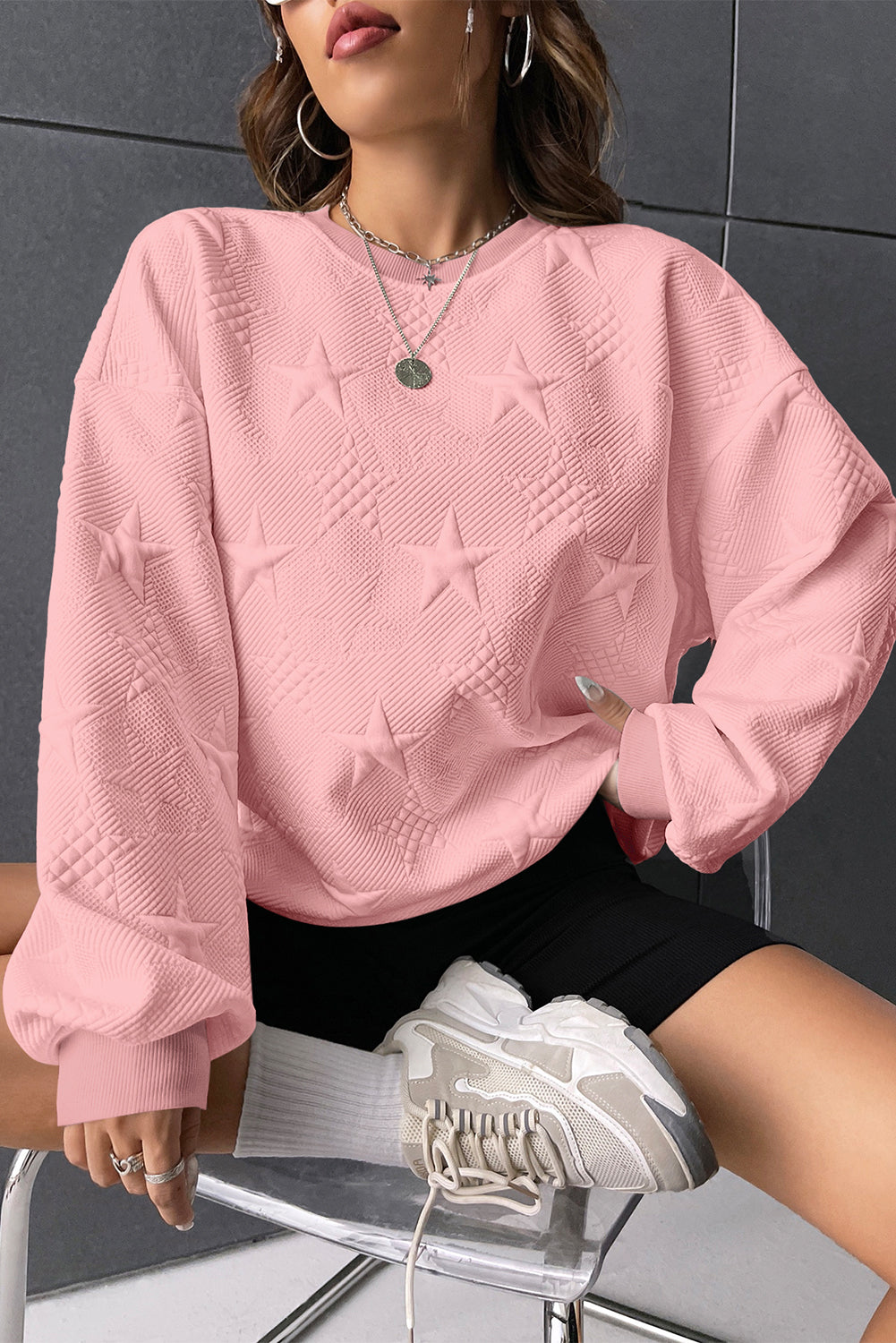 Peach Blossom Star Embossed Textured Drop Shoulder Sweatshirt