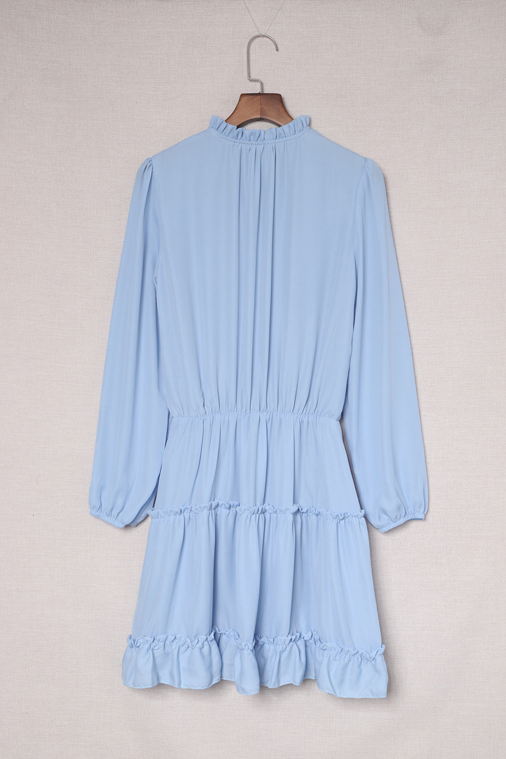 Light Blue V Neck Long Sleeve Ruffle Tiered Mini Dress