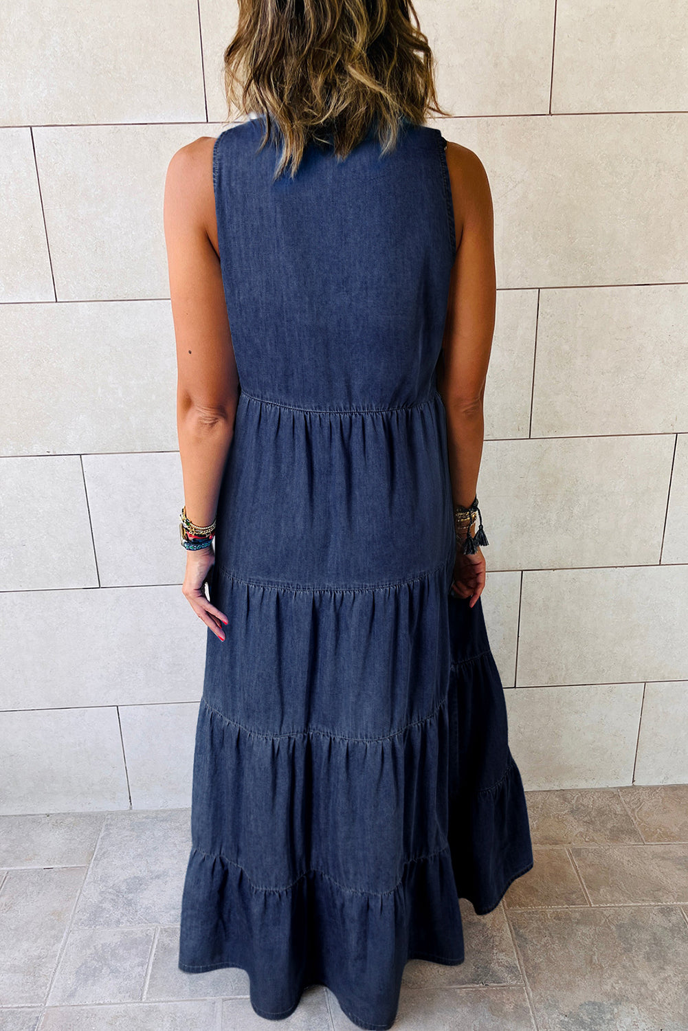 Blue Sleeveless Tiered Chambray Maxi Dress