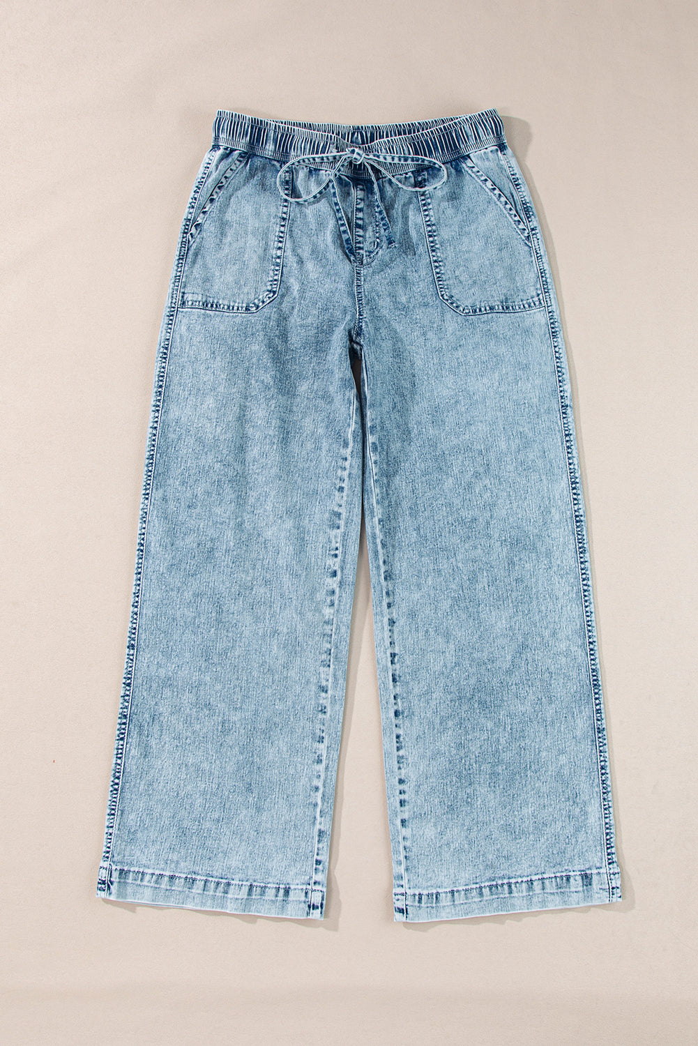 Sail Blue Mineral Wash Drawstring Waist Loose Straight Denim Pants