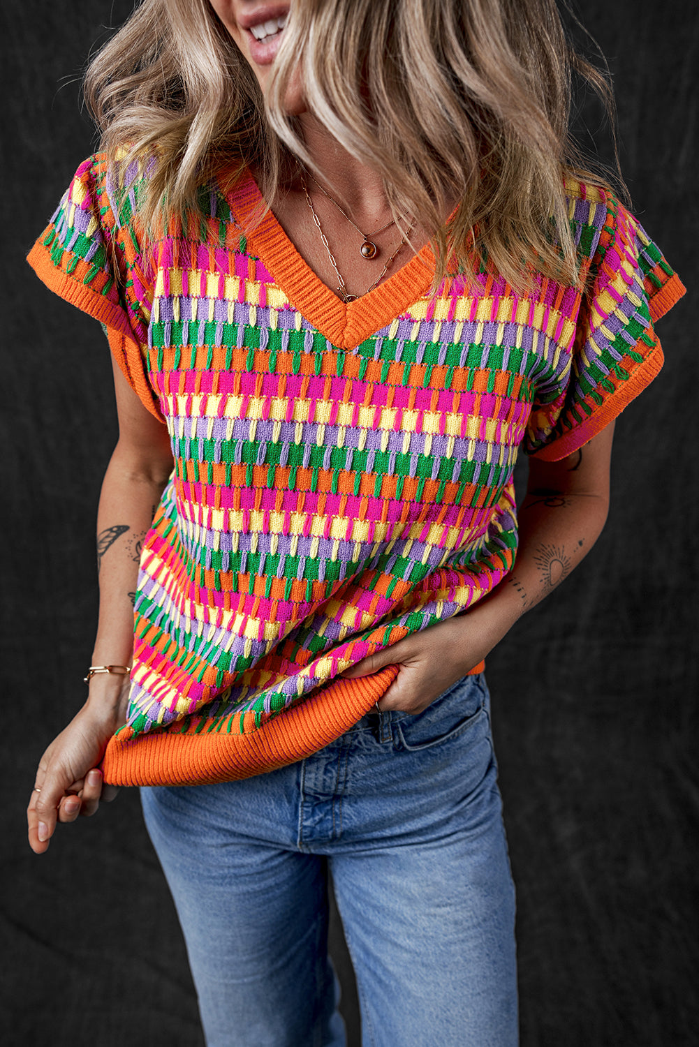 Green Multicolor Flutter Sleeve Knitted Sweater Top
