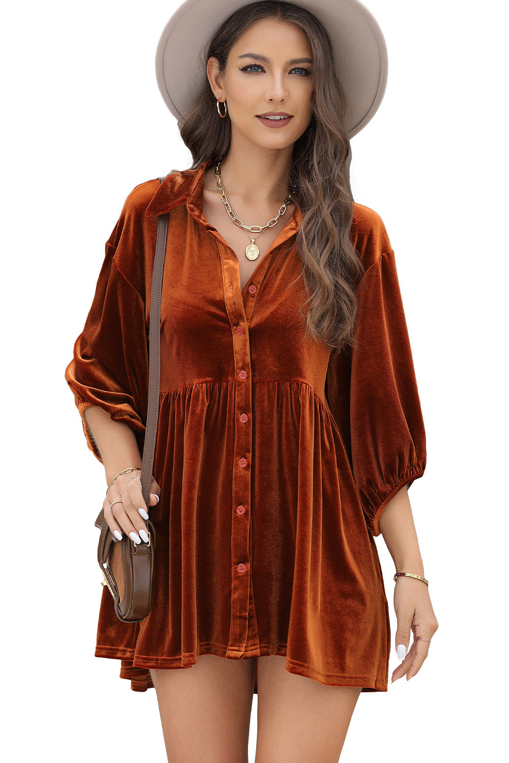 Pitaya Pink 3/4 Sleeve Tunic Babydoll Velvet Shirt
