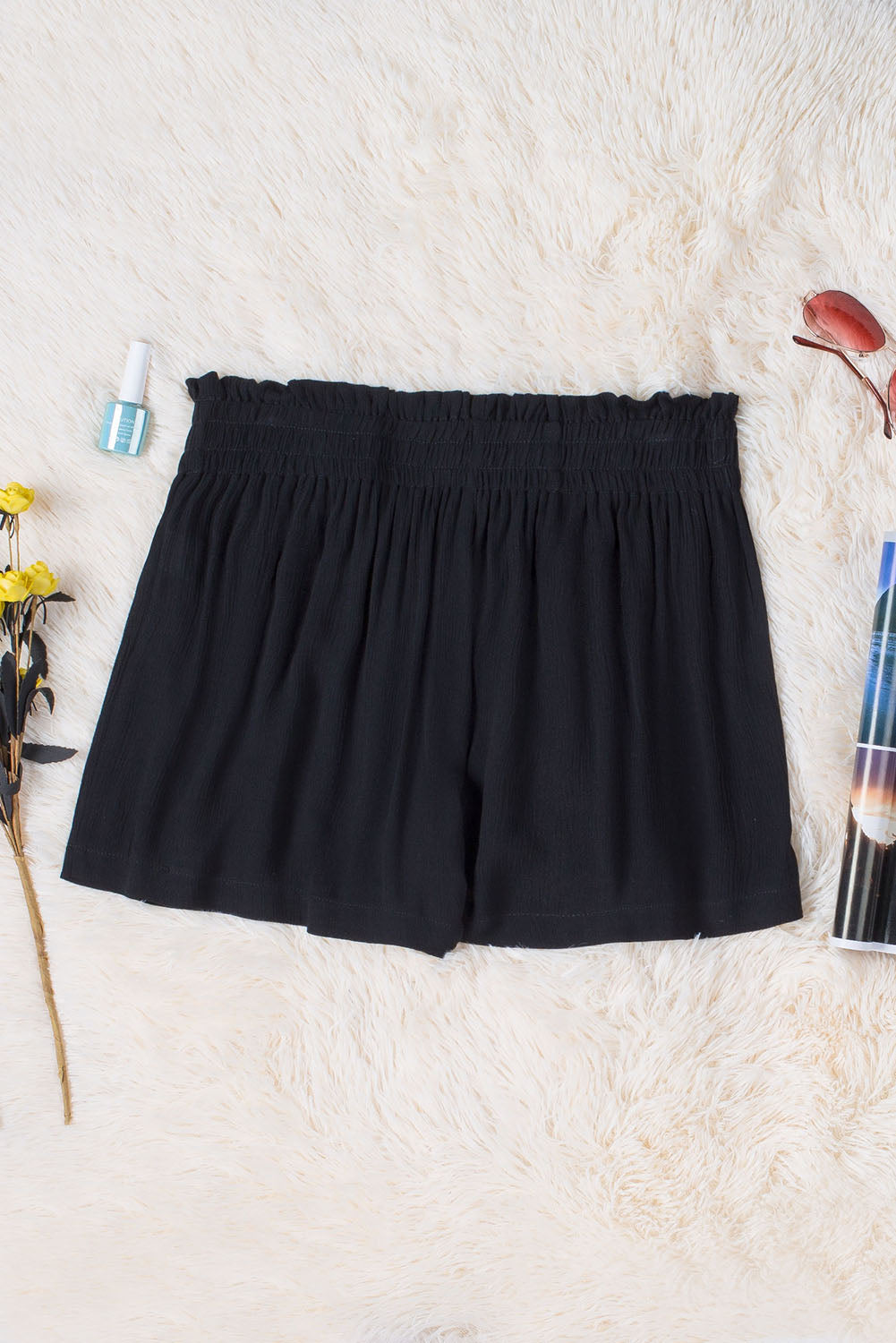 Black Smocked High Waist Shorts