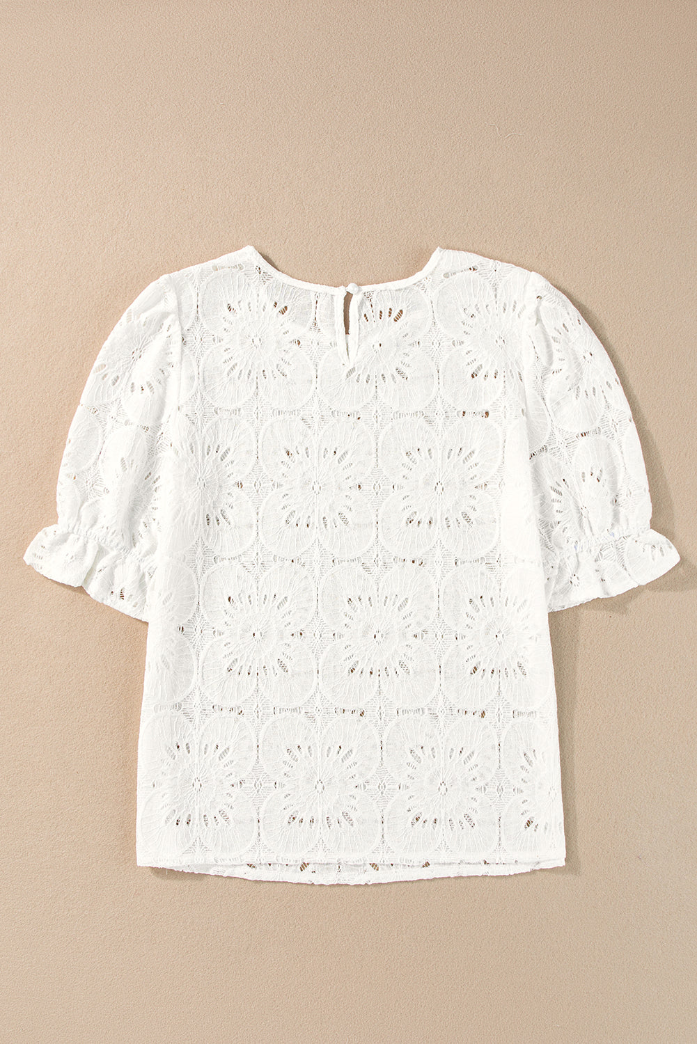 White Flower Eyelet Jacquard Keyhole Flounce Sleeve Top