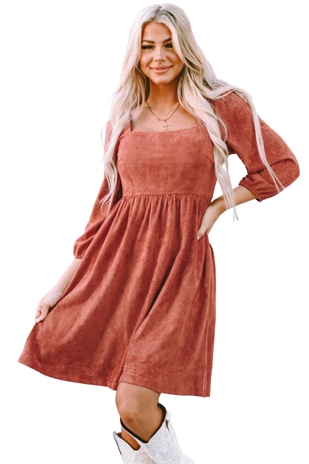 Suede Square Neck Puff Sleeve Dress