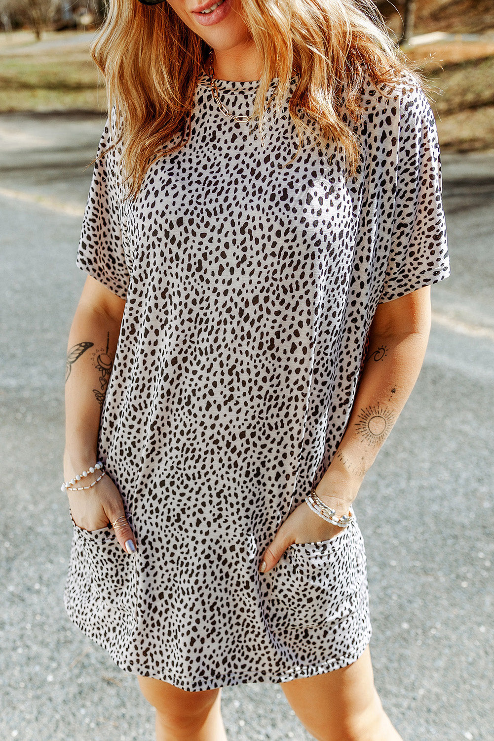 Black Leopard Print Side Pockets Tunic Top