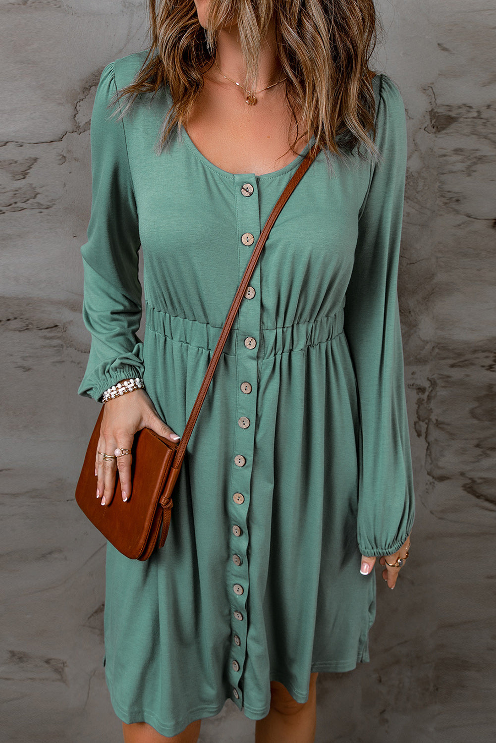 Button Up High Waist Long Sleeve Dress