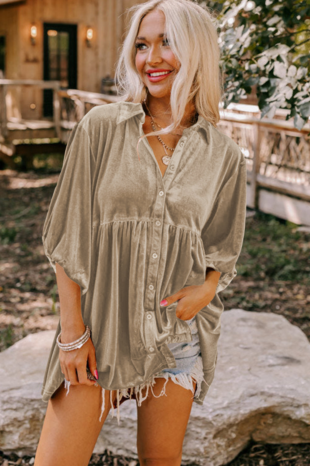 Pitaya Pink 3/4 Sleeve Tunic Babydoll Velvet Shirt