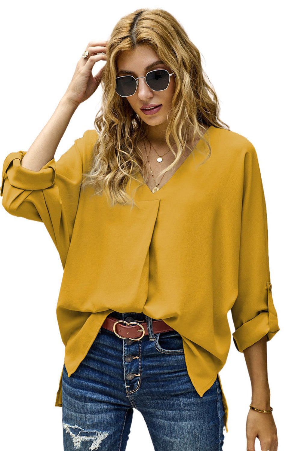 Blue V Neck 3/4 Sleeve High Low Hem Shirt