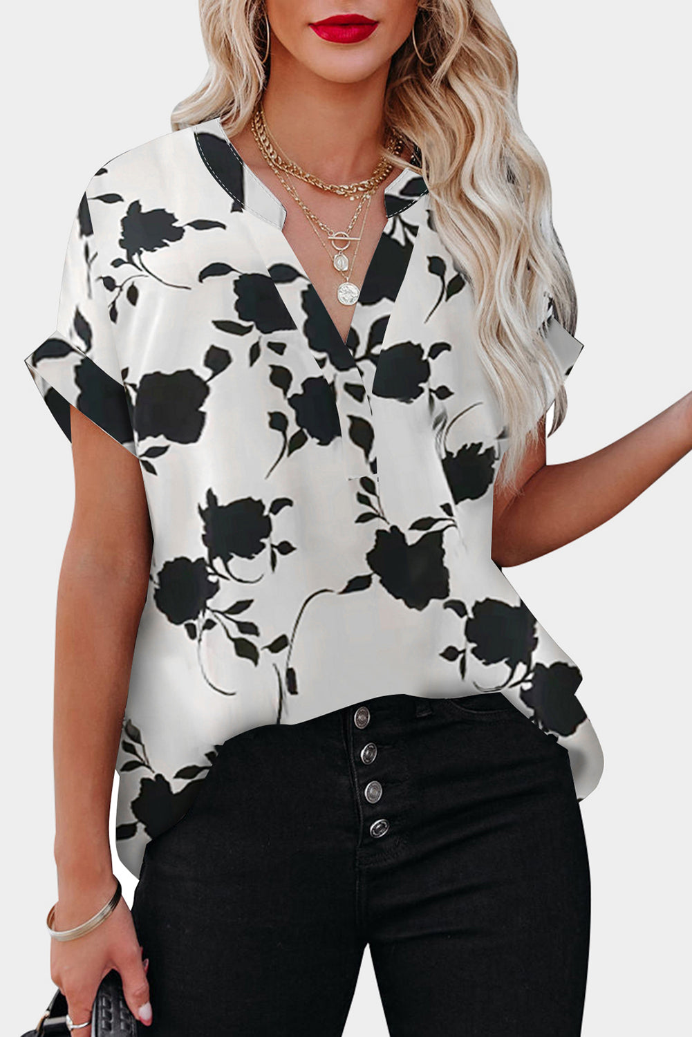 Black Floral Printed Short Sleeve Blouse