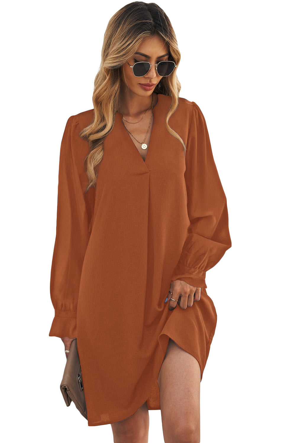 Green Split V Neck Ruffled Sleeves Shirt Dress