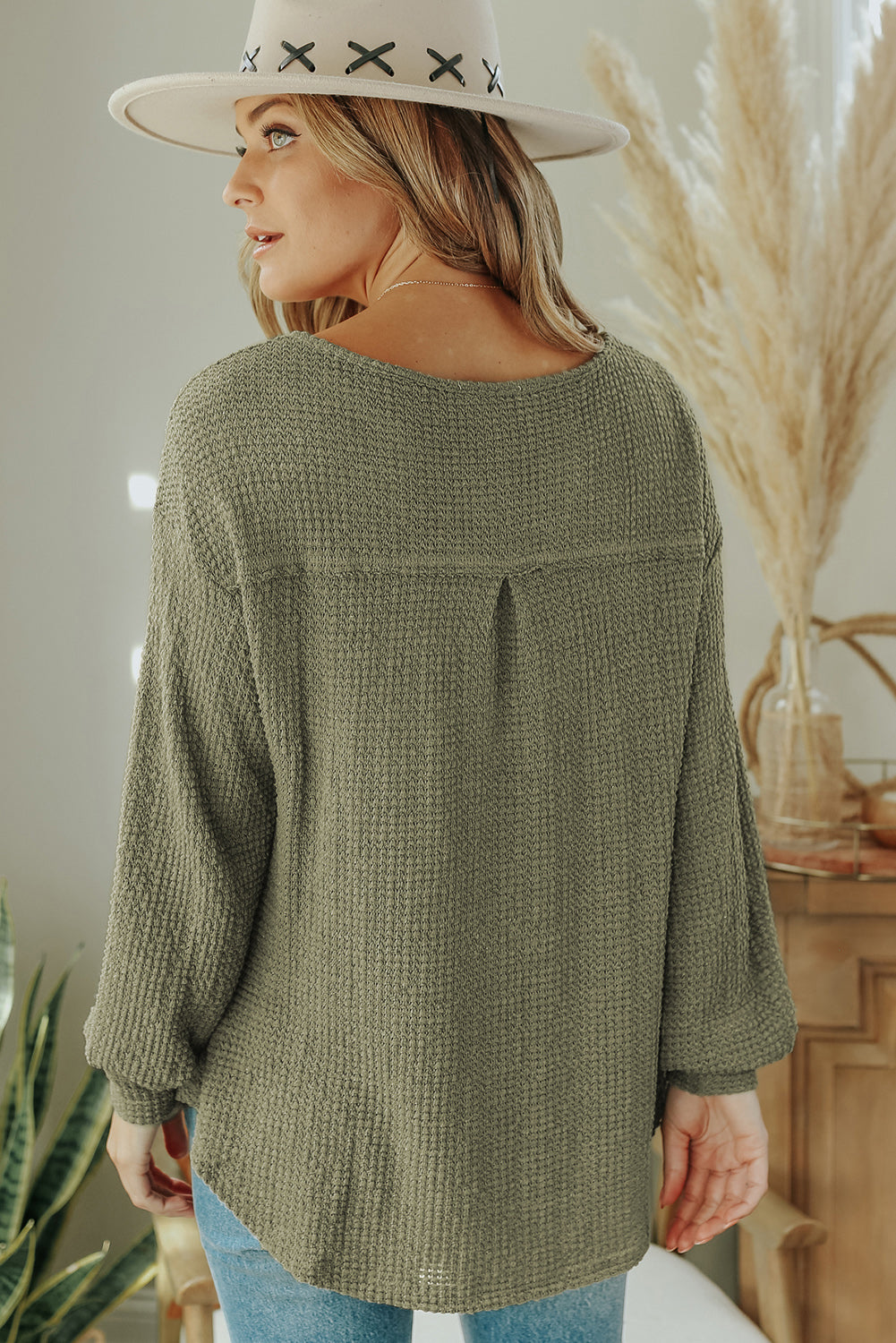 Beige Waffle Knit Split Neck Pocketed Loose Top